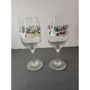 Set of 2 Libbey Winter Village Tea‎ Juice Wine Glasses 7" (SH)